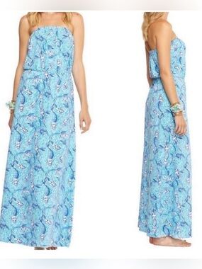 Lilly Pulitzer Maxi Dress Strapless Marlisa Nice Tail Mermaids Blue Small